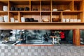 Front view of Ramen kitchen counter with wooden shelf on the top