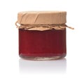 Front view of raspberry jam jar with paper cap Royalty Free Stock Photo