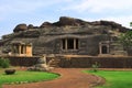 Front view of Ravanaphadi rock-cut temple, Aihole, Bagalkot, Karnataka. Royalty Free Stock Photo