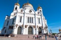 Front view of the rebuilt Cathedral of Christ the Saviour during the midday, locals and tourists go sightseeing.