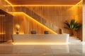 Front view of reception desk in a modern hotel or office building. Decorative wooden wall and staircase on the Royalty Free Stock Photo