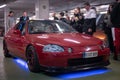 Front view of a red with blue neon Honda Civic CR-X Del Sol tuned by Mugen