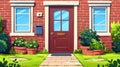 Front view of red brick cottage with window and door, welcome rug at door, potted plants, tiled path and green lawn at Royalty Free Stock Photo