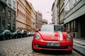 Front View Of Red Volkswagen New Beetle Cabriolet Car Parked In Street Royalty Free Stock Photo