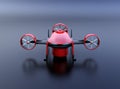 Front view of red VTOL drone with delivery packages on dark background