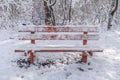 Front view of red wooden bench covered with snow in the forest Royalty Free Stock Photo