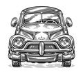 Front view of a retro car, black and white illustration. Vintage road mode of transport