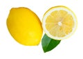 Front view of ripe yellow lemon fruit with half or slice in circle shape and green leaf in stack isolated on white background with Royalty Free Stock Photo