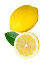 Front view of ripe yellow lemon fruit with half or slice in circle shape and green leaf in stack isolated on white background with Royalty Free Stock Photo