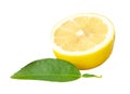 Front view of ripe yellow lemon fruit in slice in one half and circle shape with green leaf in stack isolated on white background Royalty Free Stock Photo