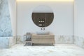 Front view on round mirror on light wall background above white sink in spacious modern interior design bathroom with glossy Royalty Free Stock Photo