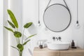 Front view on round mirror on white wall background above stylish sink with wooden cabinet and green plant.