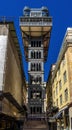 Front view of the Santa Justa Elevator or Elevador do Carmo. Modernist style metal structure elevator in the center of Lisbon.