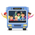 Front view of school bus with set of happy childrens and driver Royalty Free Stock Photo