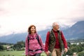 A front view of senior pensioner couple hiking in nature, holding hands.