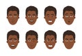 Set of African-American men's faces with different expressions. Vector flat design