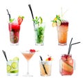 Front view of set of different tropical fresh cocktails differ i