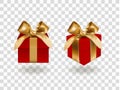 Front view of set of two closed Red gift boxes bandaged with golden elegant bows with knots. Objects or icons isolated on Royalty Free Stock Photo