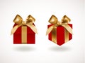 Front view of set of two closed Red gift boxes bandaged with golden elegant bows with knots. Objects or icons isolated on white Royalty Free Stock Photo