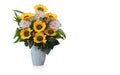 Front view seven yellow sunflowers and three pink roses flower bouquet in a white ceramic pot on white background, decor, fashion Royalty Free Stock Photo