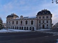 Front view of shopping center Marstall Passage in the city center of Sigmaringen in winter season with snow.