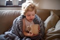 Front view of sick small boy with blanket on sofa indoors at home, holding tea.