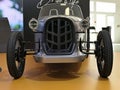 Front view of silver electric version of stylish microcar roadster Patak Rodster