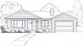 Line Art Drawing of a Suburban House with Garage Royalty Free Stock Photo