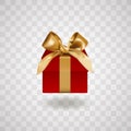 Front view of single closed Red gift box bandaged with golden elegant bow with knot. Object or icon isolated on transparent Royalty Free Stock Photo