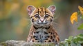 The front view of a sitting ocelot reveals its sleek fur pattern, large expressive eyes, pointed ears, and delicate whiskers