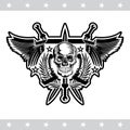 Front view skull in center of wreath between with wings and crossed swords. Vector heraldic design element