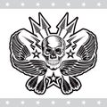 Front view skull with crossed arrows and lightning between wings. Vector heraldic design elements on white