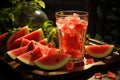 A front view of slices of soft, sweet watermelon inside a long glass on