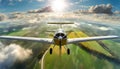 Small Private Propeller Airplane Flying in the Clouds - Generative Ai Royalty Free Stock Photo