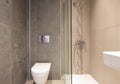 Front view of small size bathroom in modern style. Toilet interior tiled of beige mosaic and big scale tiles gray marble texture Royalty Free Stock Photo