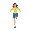 Front View of Smiling Running Woman, Female Athlete Running Marathon, Training, Jogging on Isolated White Background