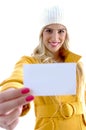 Front view of smiling woman showing business card Royalty Free Stock Photo