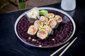 Front view on spicy roll with tuna orsalmon. Suchi. japanese food style. Seafood. Healthy, balanced, dieting meal. sushi rolls set