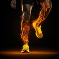 front view of a sports runner legs burnt with fire flames on black background