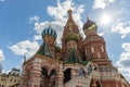 Front view of St Basil`s Cathedral in Red Square, Moscow with sunny flare