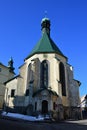 Front view of St. Catherine church in Banska Stiavnica, Slovakia during winter season 2017 Royalty Free Stock Photo