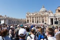 View of St. Peters basilica from St. Peter`s square in Vatican City, Vatican.