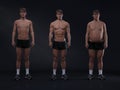 3D Rendering : Front view of standing male body type : ectomorph skinny type, mesomorph muscular type, endomorphheavy weight