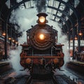 Front View of Steam Locomotive on Atmospheric Station Royalty Free Stock Photo