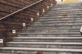 front view of stone stair way. Empty staircase outdoor and wooden wall background Royalty Free Stock Photo