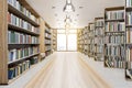 Front view on sunny modern library eco style interior with book wooden book shelves and floor, big window with city view and Royalty Free Stock Photo