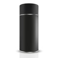 Front view of tall black tin round container with silver band