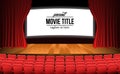Front view theater movie stage with red curtain and wood floor and empty red seats