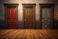 Front view of three doors. Generative AI Royalty Free Stock Photo