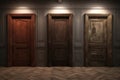 Front view of three doors. Generative AI Royalty Free Stock Photo